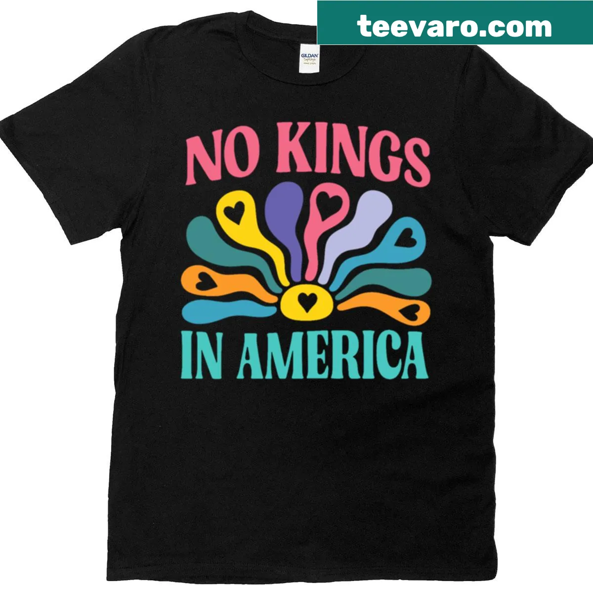 Retro boho floral T-shirt with No Kings In America text — on a men's t-shirt