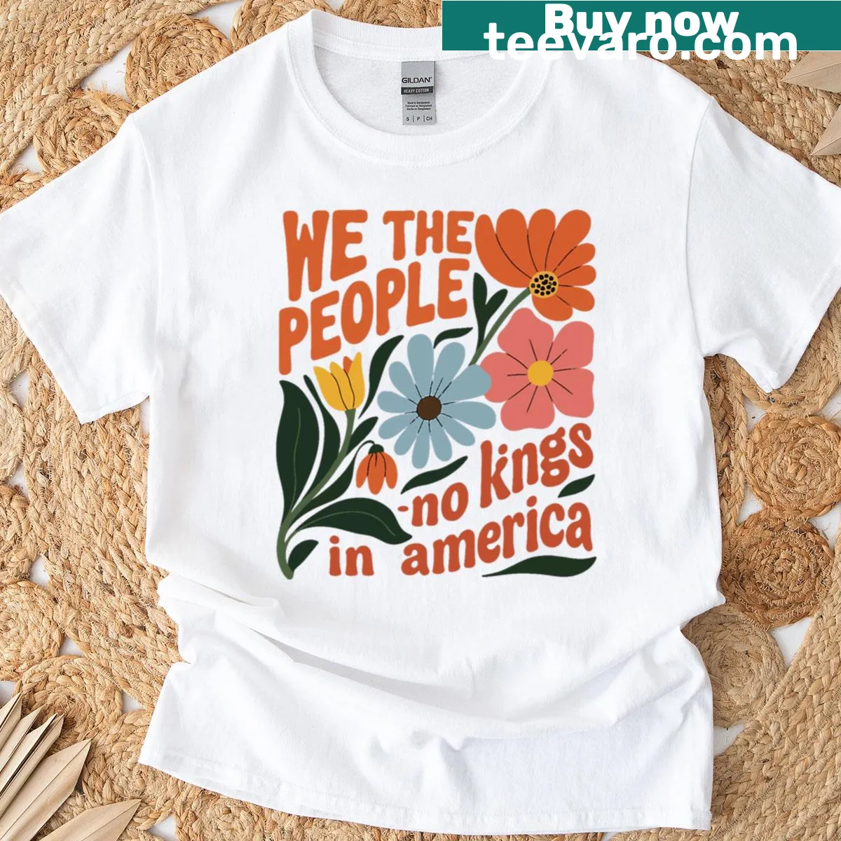 Boho floral design featuring 'No Kings In America' text — on a men's t-shirt