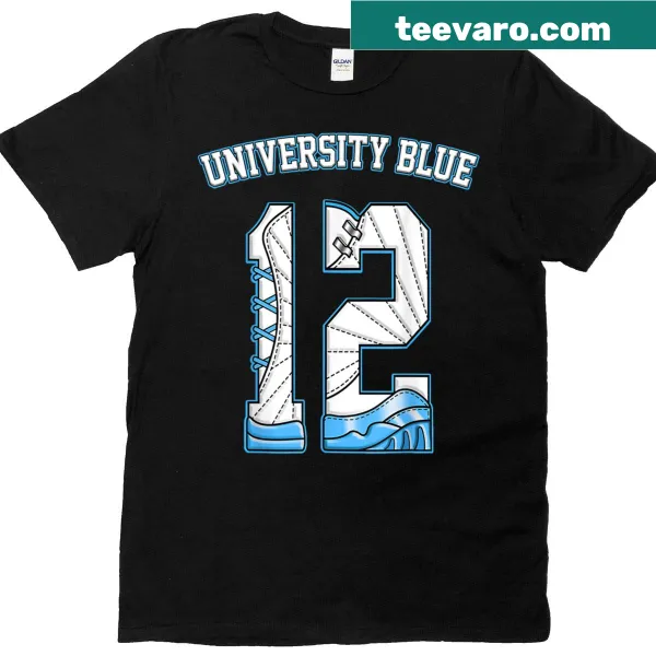 University blue T-shirt with Number 12 Melo 12s text