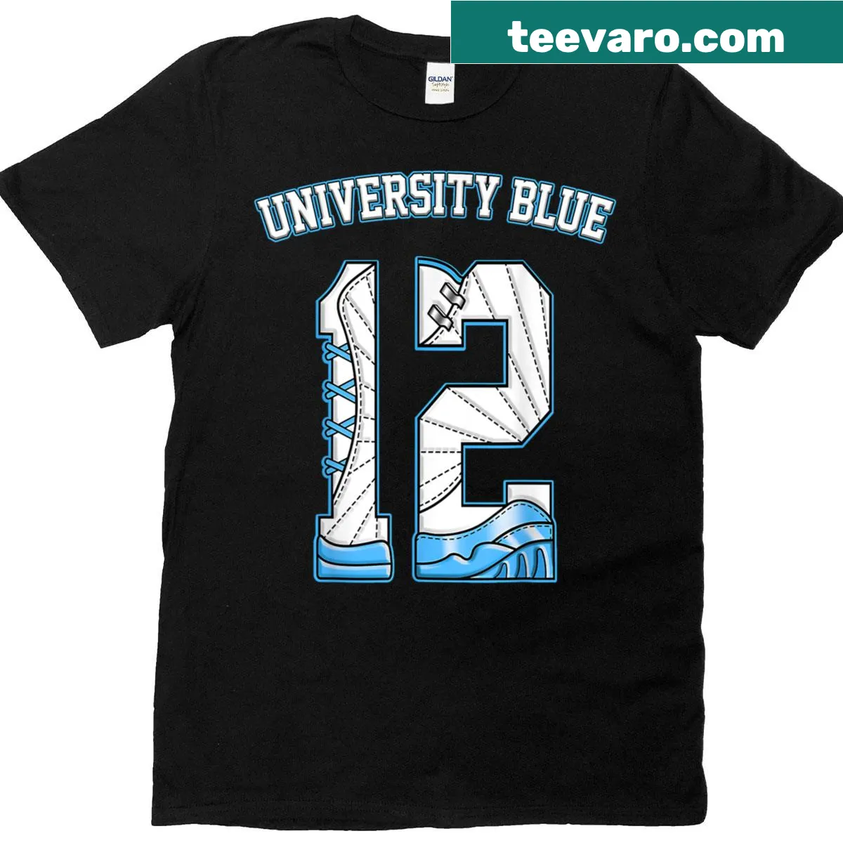 University blue T-shirt with Number 12 Melo 12s text — on a men's t-shirt