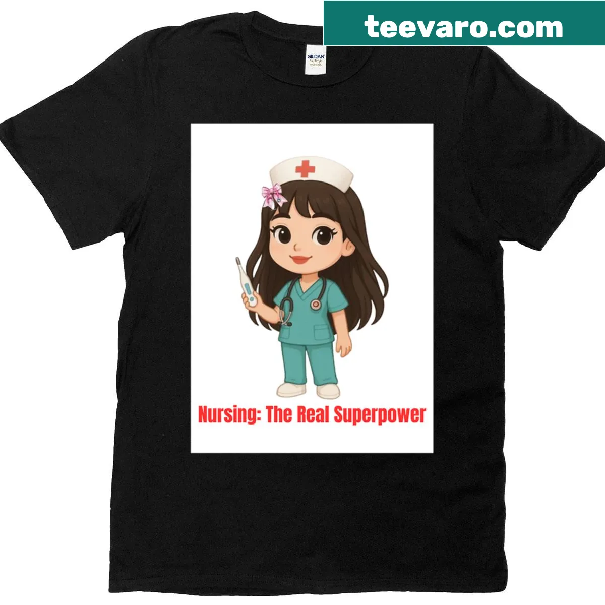 Cute nurse design T-shirt with Nursing The Real Superpower text — on a men's t-shirt