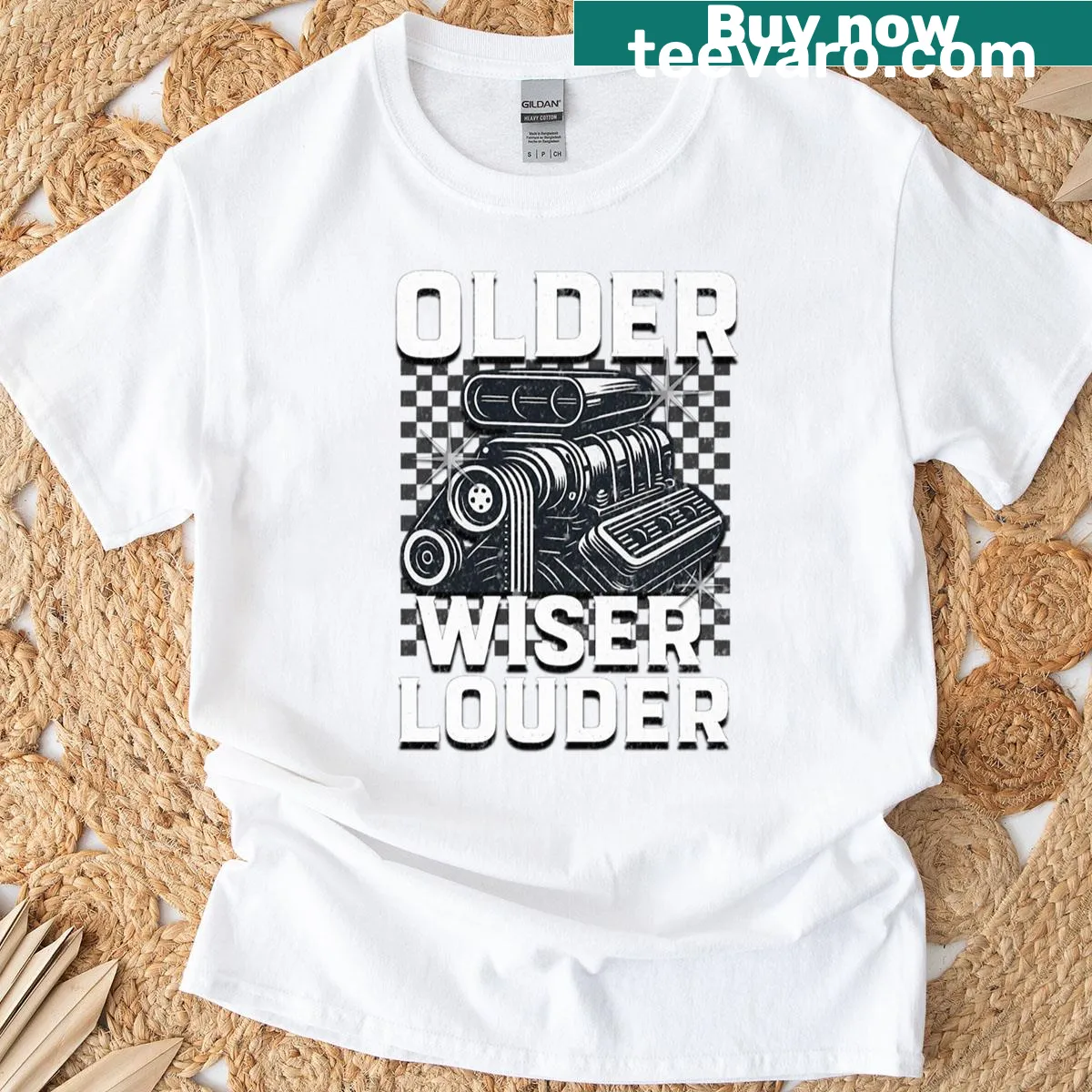 Graphic reading 'Older Wiser Louder' with car racing themes on a casual t-shirt — on a men's t-shirt