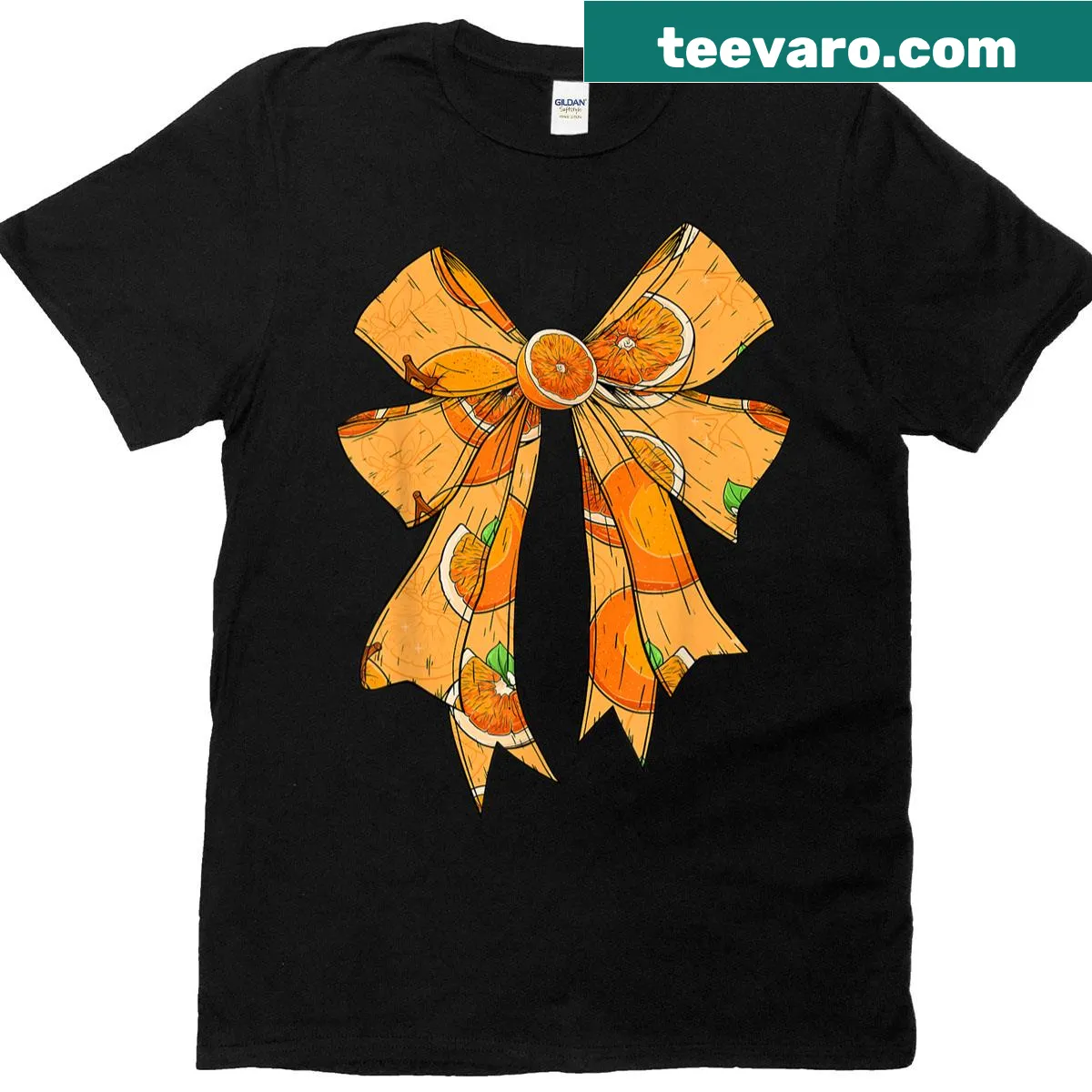 T-shirt featuring an orange motif and playful bow design — on a men's t-shirt
