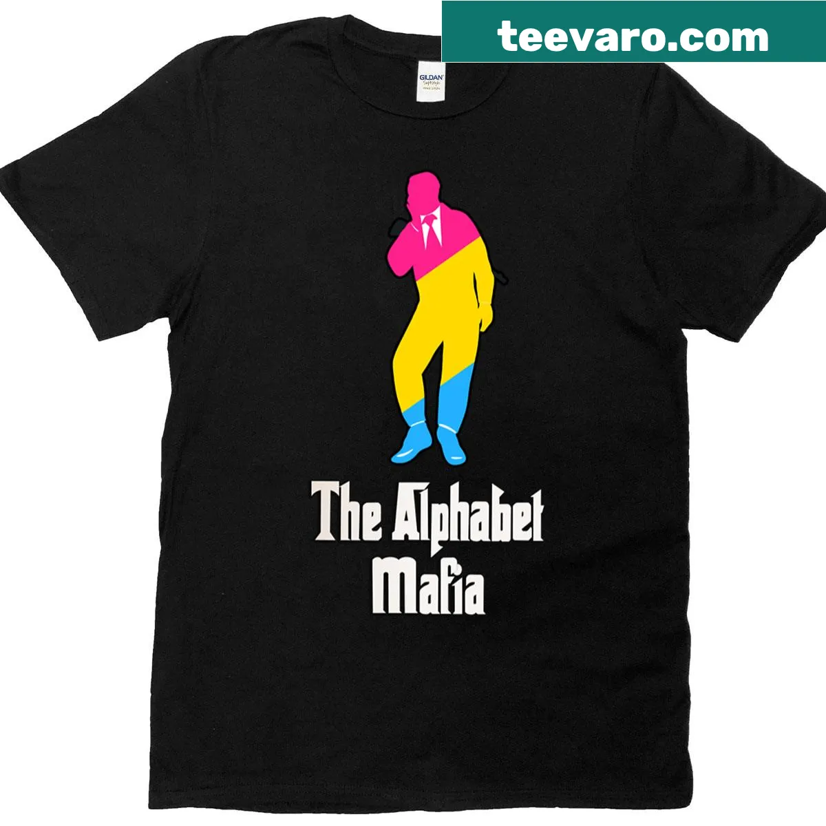 Pansexual pride flag and mafia character graphic t-shirt — on a men's t-shirt