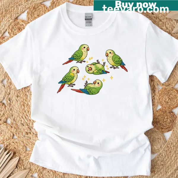Minimalist T-shirt featuring parakeets and stars in a simple design