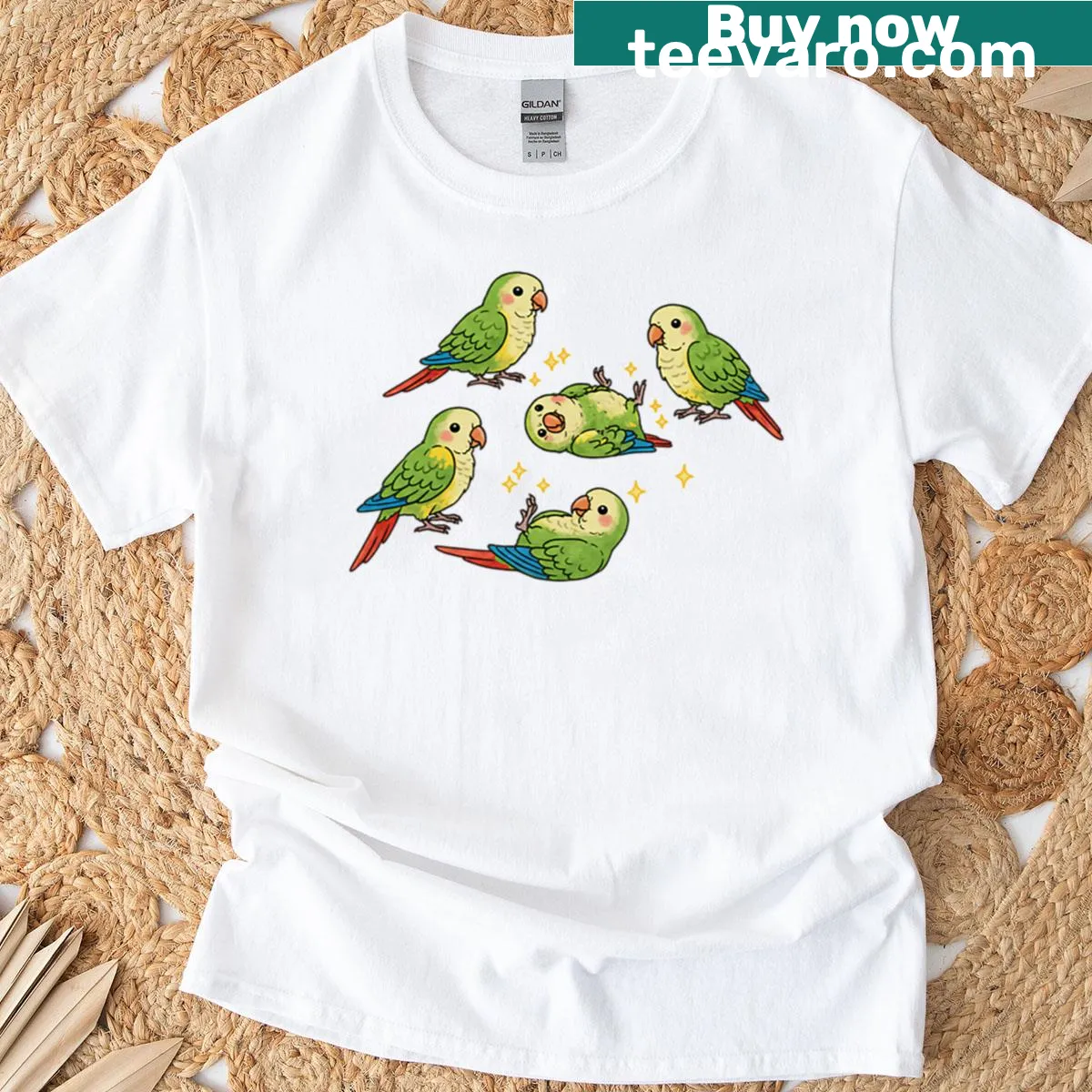 Minimalist T-shirt featuring parakeets and stars in a simple design — on a men's t-shirt