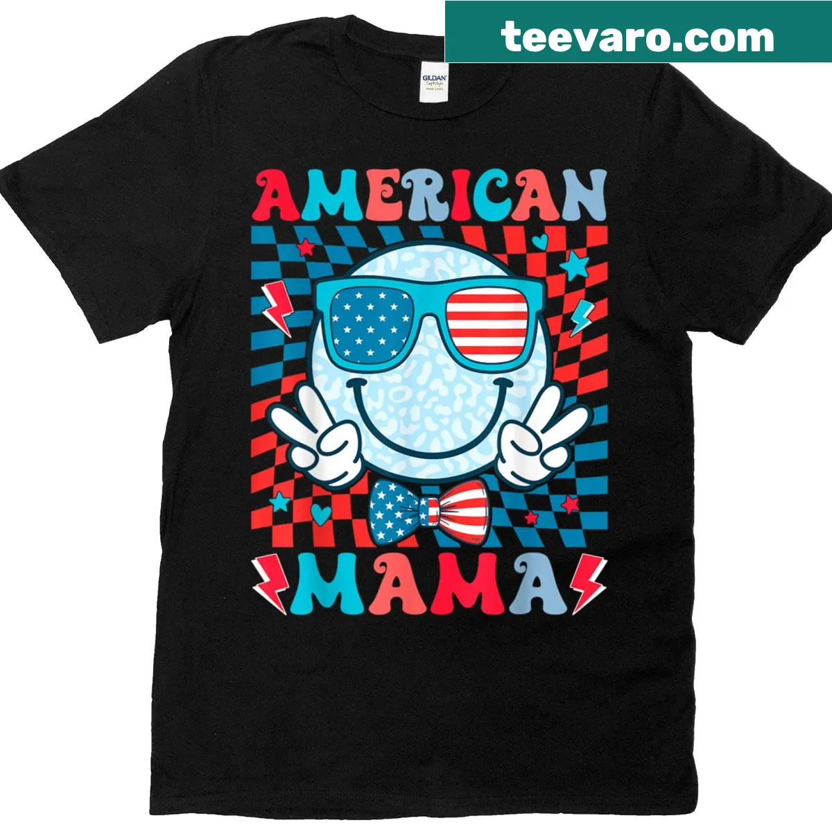 July 4th t-shirt for mothers featuring the US flag and 'American Mama' text. — on a men's t-shirt
