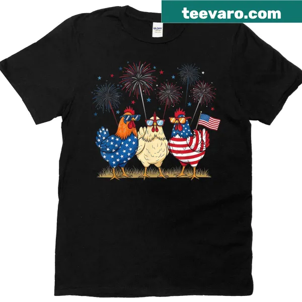 Humorous t-shirt featuring cartoon chickens with American flags and a festive design