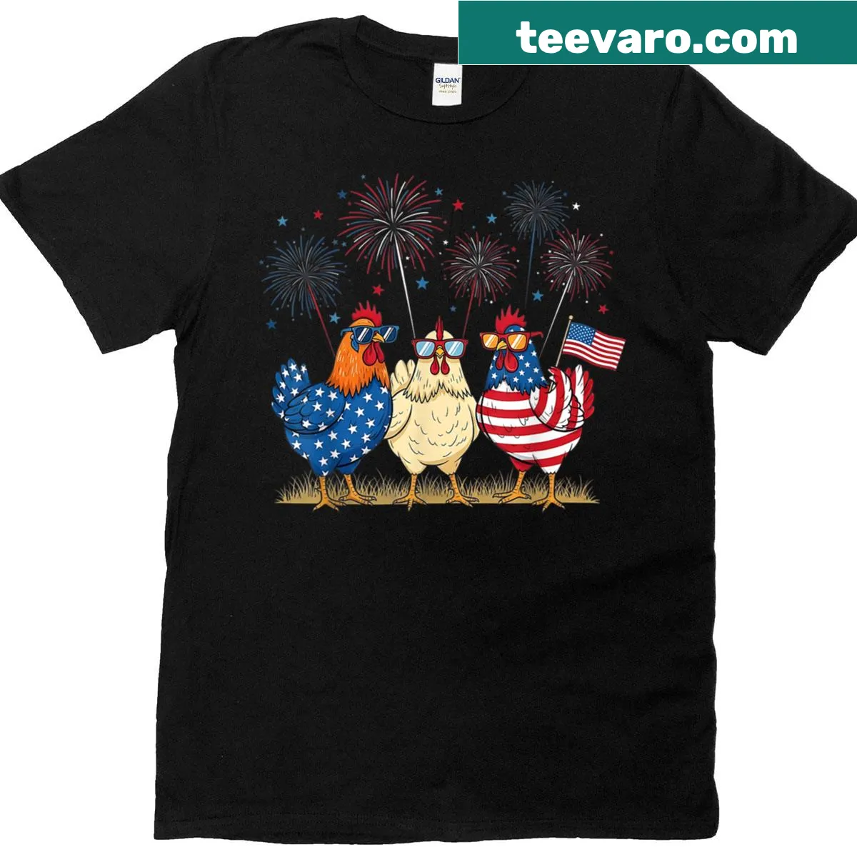 Humorous t-shirt featuring cartoon chickens with American flags and a festive design — on a men's t-shirt