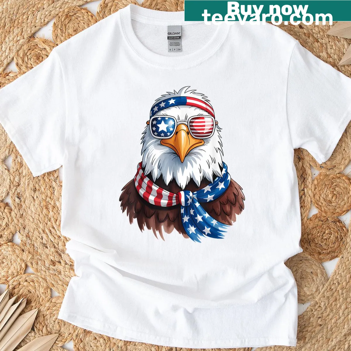Eagle wearing sunglasses with patriotic colors for 4th of July — on a men's t-shirt