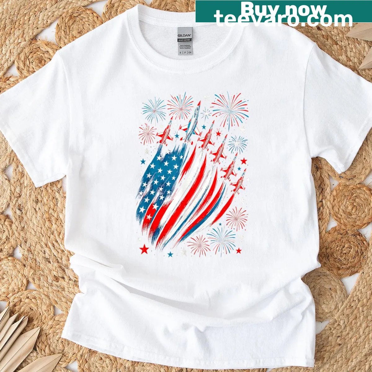 Fighter Jet graphic t-shirt with US flag design — on a men's t-shirt
