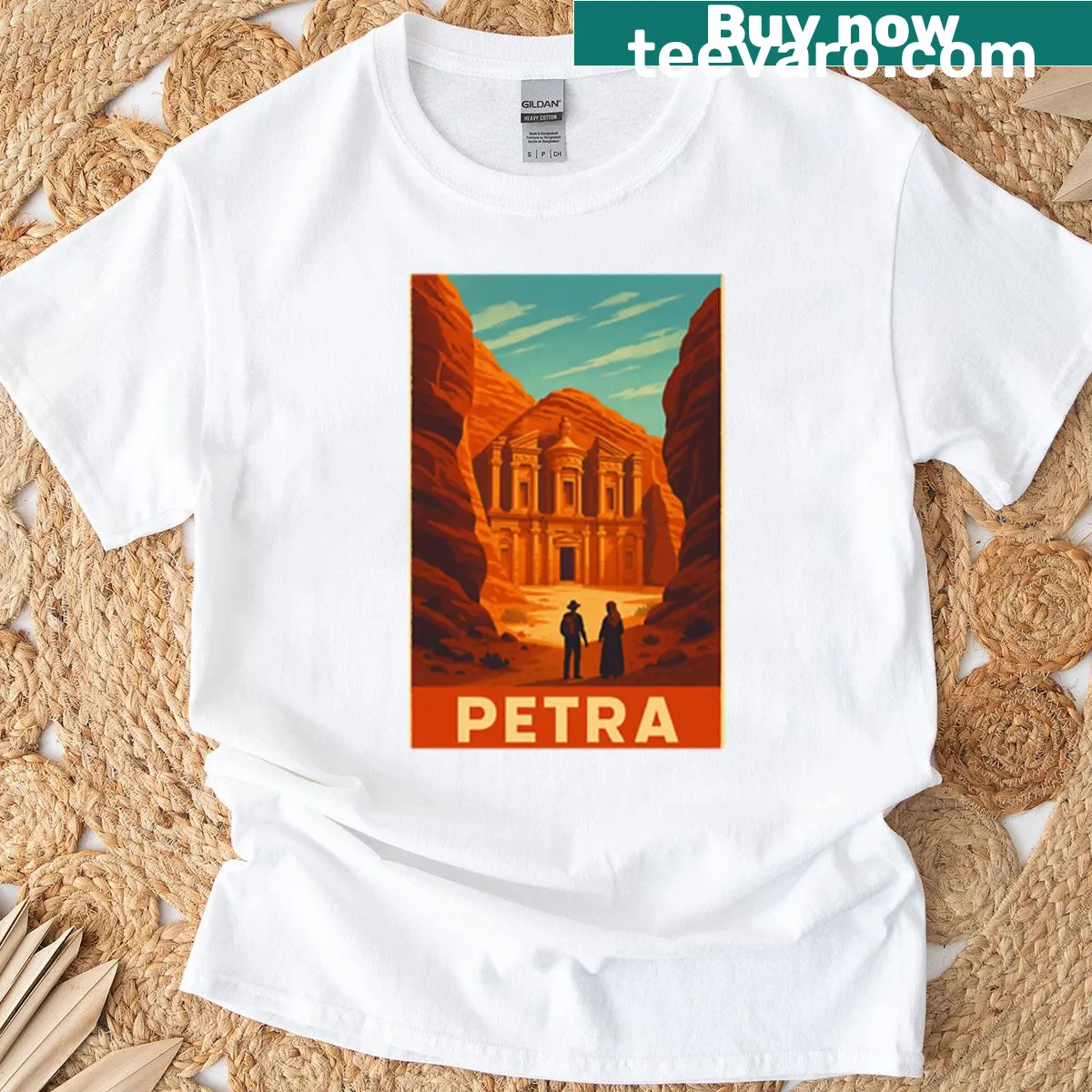 Retro poster-inspired T-shirt featuring Petra, Jordan — on a men's t-shirt