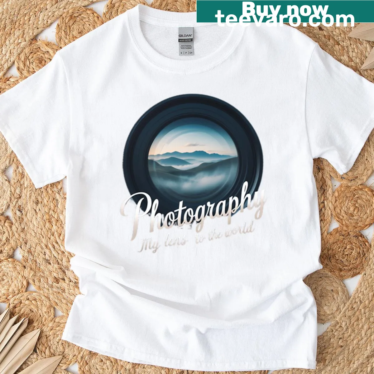 Illustrative photography tee featuring a camera and world elements — on a men's t-shirt