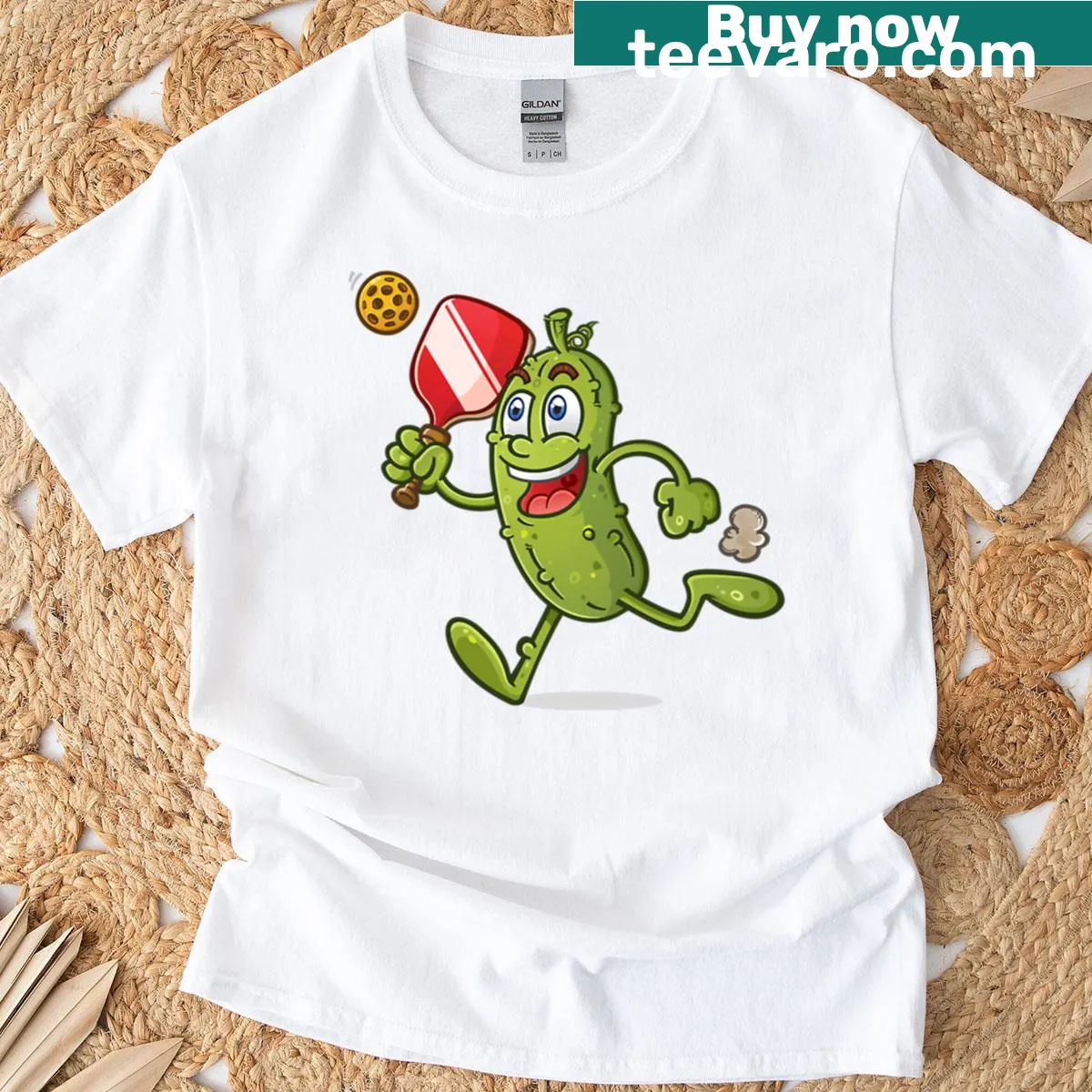 Fun cartoon pickle design t-shirt — on a men's t-shirt