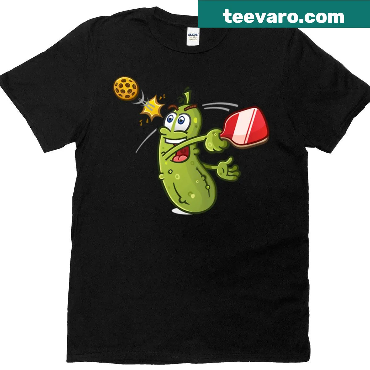 Playful pickle fiesta design with dancing pickles and zesty artwork — on a men's t-shirt