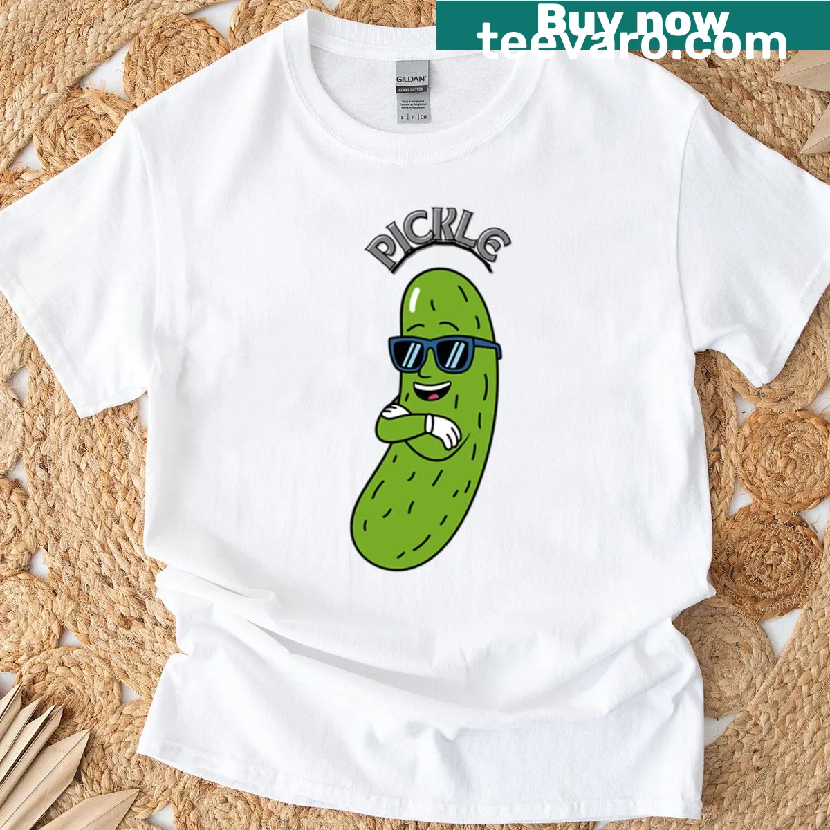 Humorous pickle graphic T-shirt — on a men's t-shirt