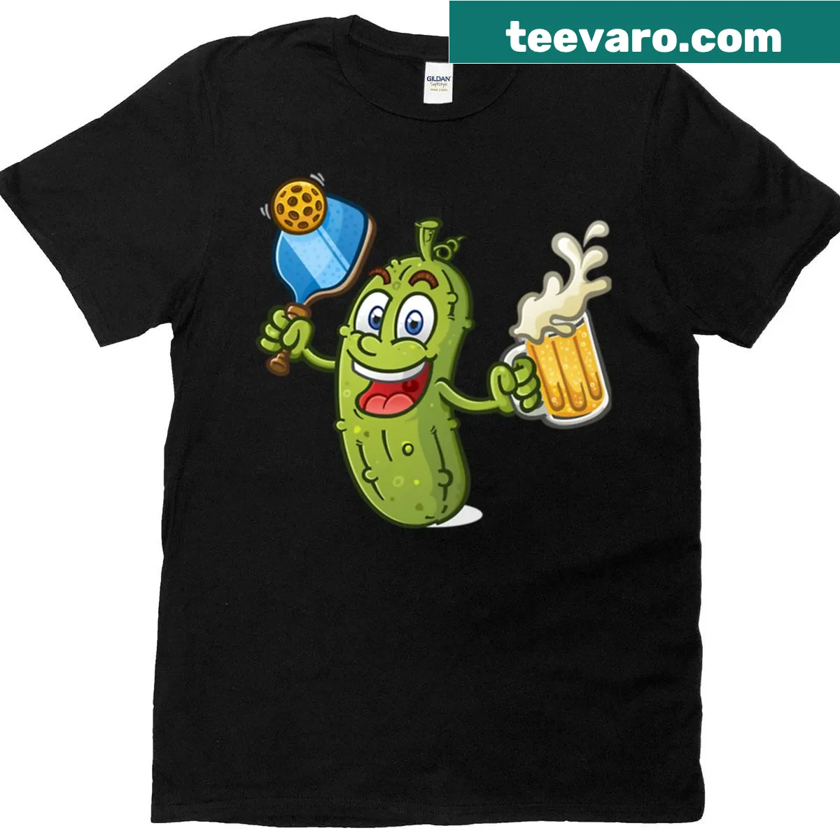 Lively pickle parade design with cartoon pickles on a T-shirt — on a men's t-shirt