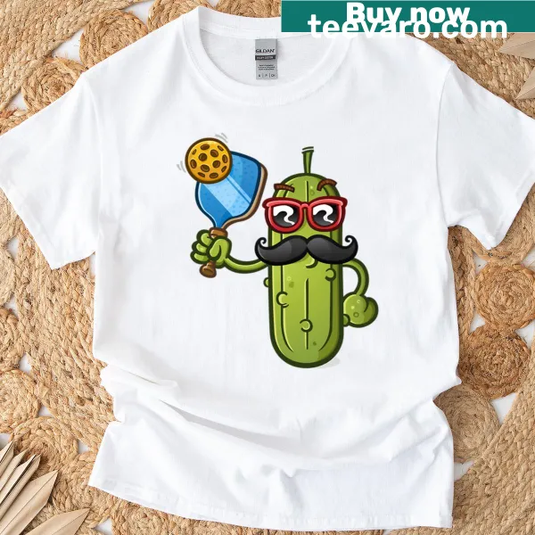 Cartoon pickles celebrating on a fun party-themed shirt