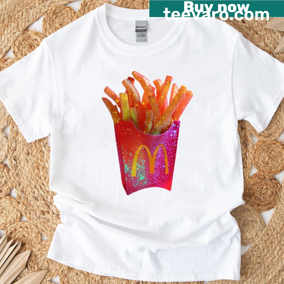 Cute pink glitter fries graphic T-shirt — on a men's t-shirt