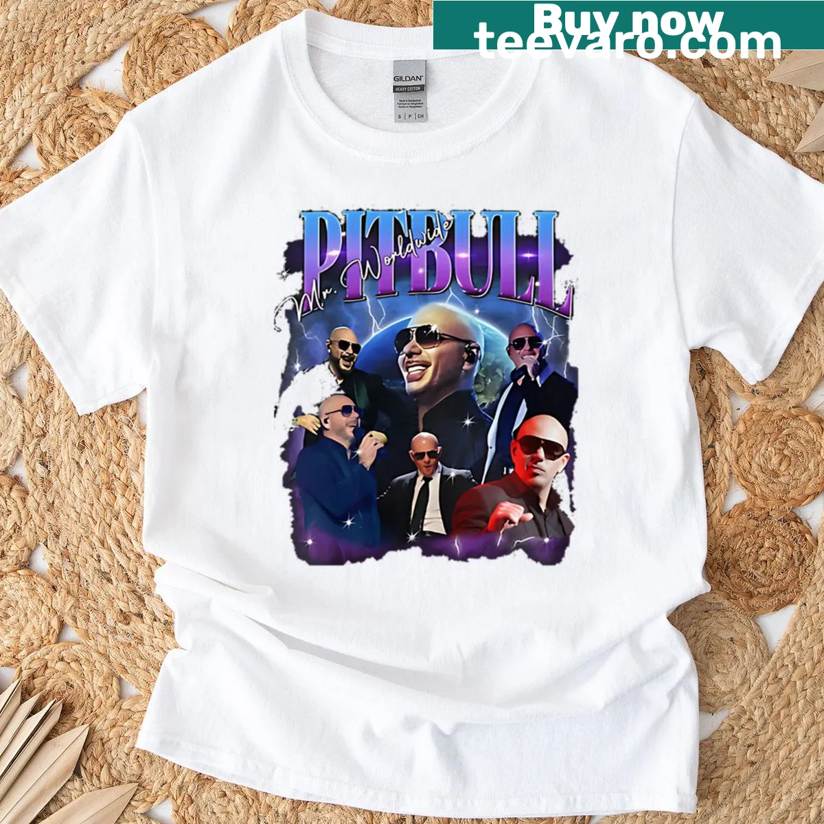 Graphic of a pitbull with 'Mrworlwide' text on T-shirt — on a men's t-shirt
