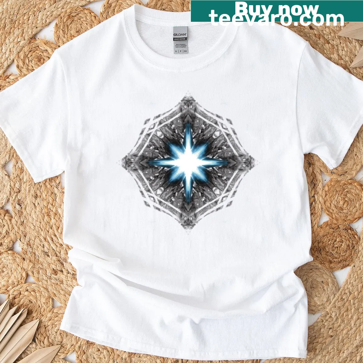 Illustrated T-shirt with ultra violet plasma burst design — on a men's t-shirt