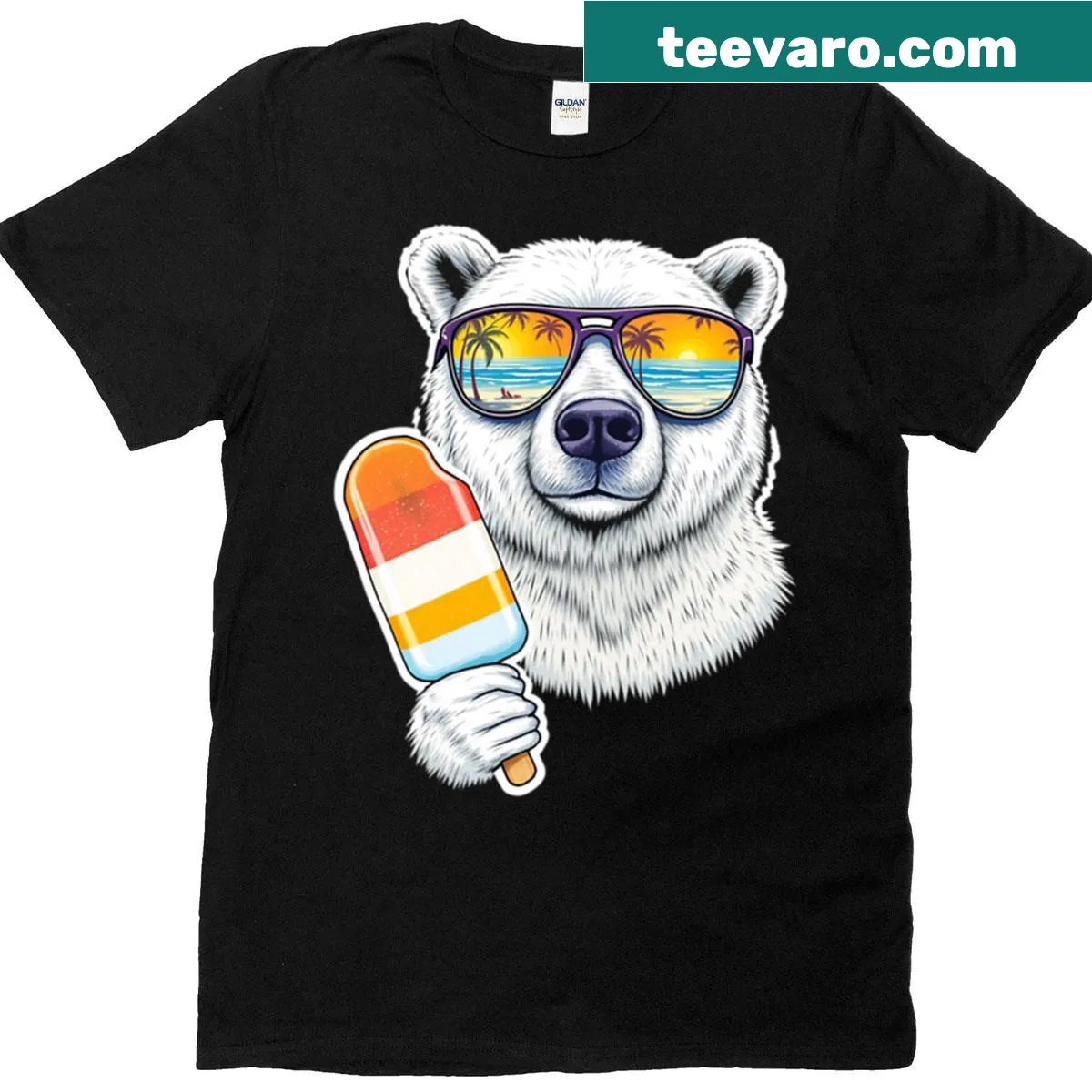 Cute polar bear with popsicle and sunglasses t-shirt — on a men's t-shirt