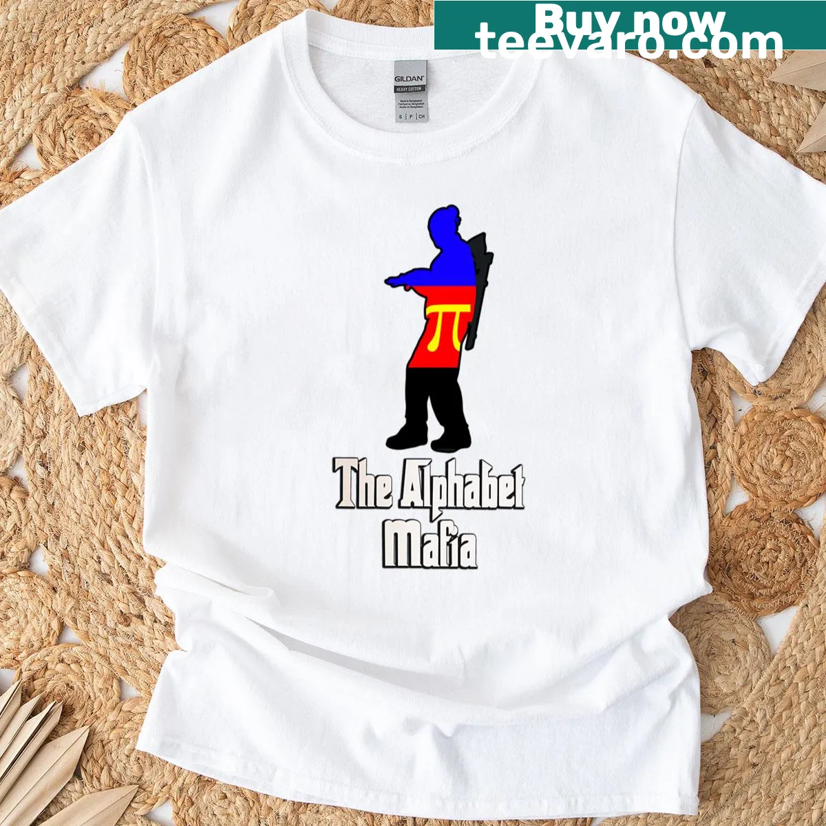 Illustrated alphabet characters on polyamorous pride T-shirt — on a men's t-shirt