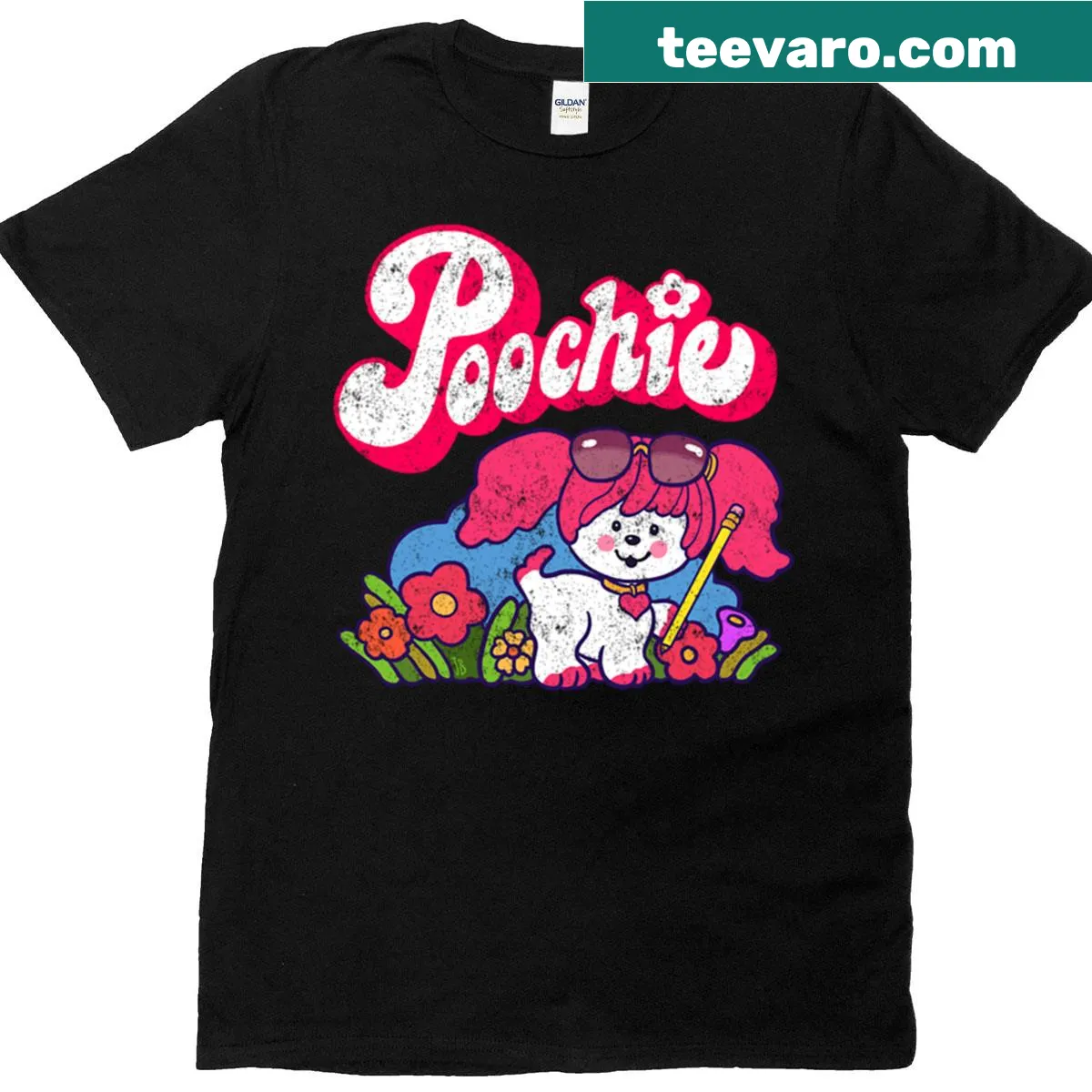 Retro pink dog graphic with a weathered look on a T-shirt — on a men's t-shirt