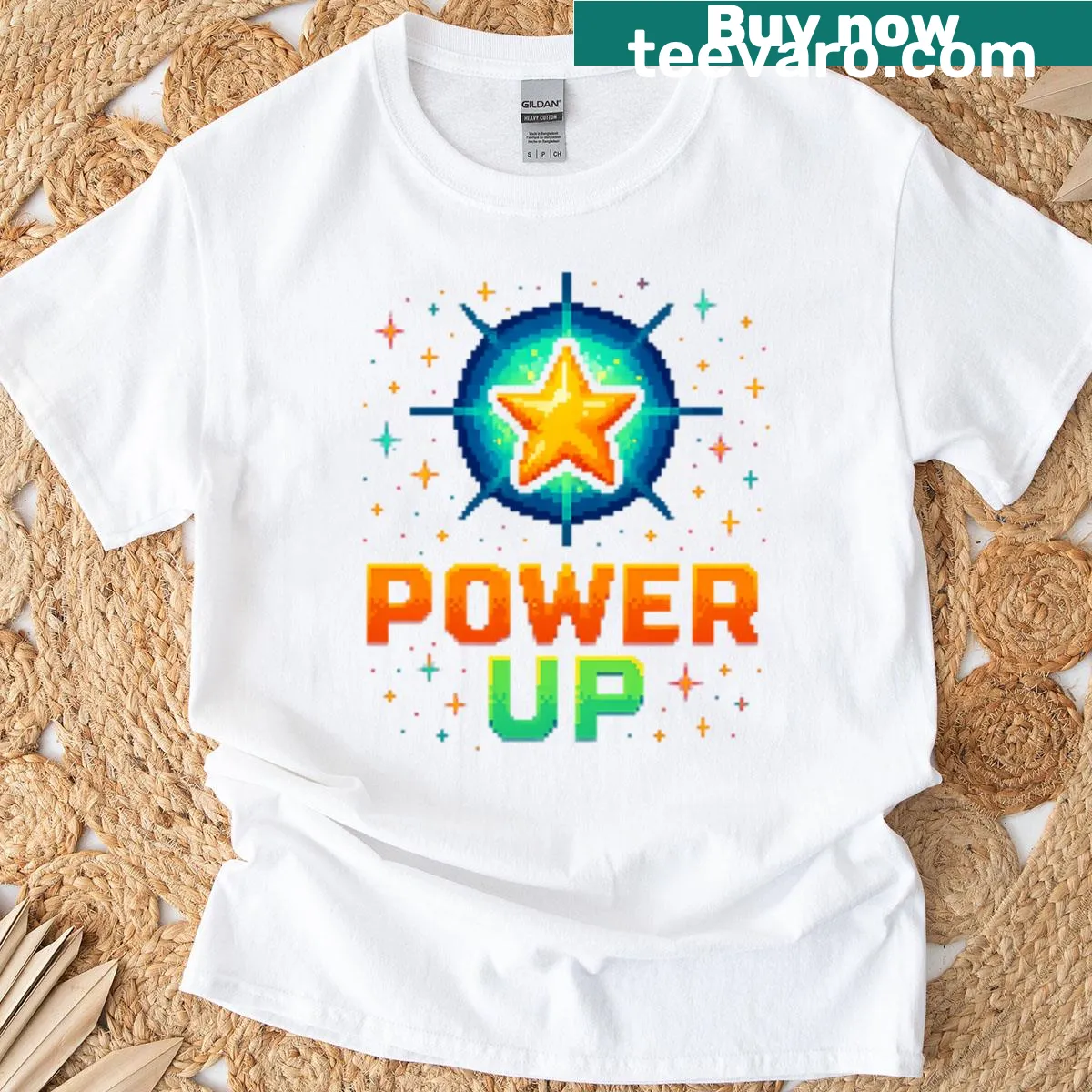 Retro gaming t-shirt with pixelated design and 'Power Up' text — on a men's t-shirt