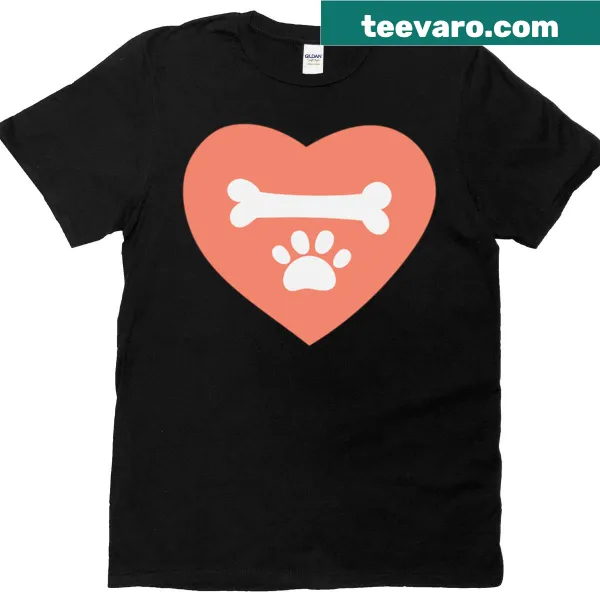 Illustration of a playful puppy surrounded by hearts on a t-shirt