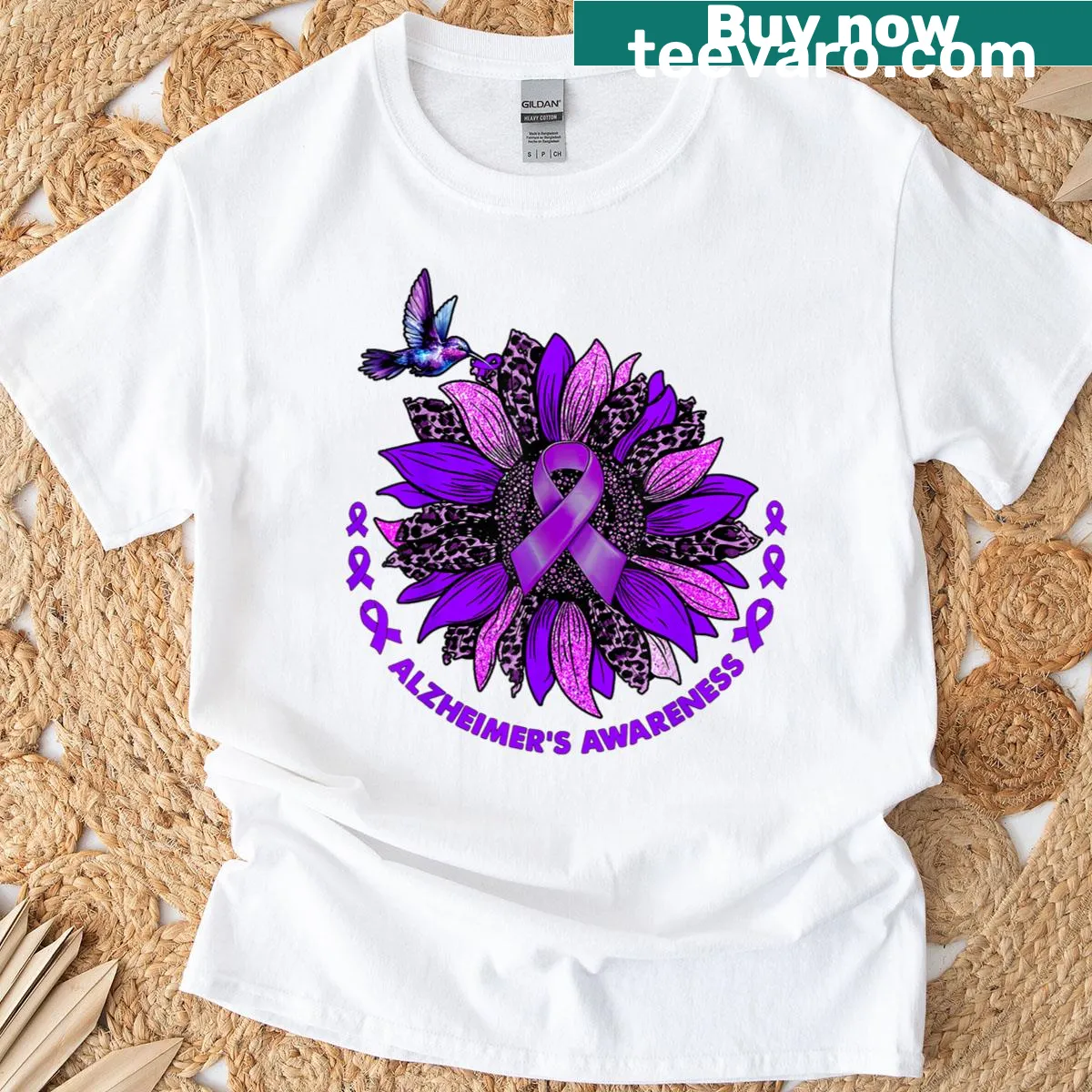 Illustration of a purple flower ribbon for Alzheimer's awareness — on a men's t-shirt