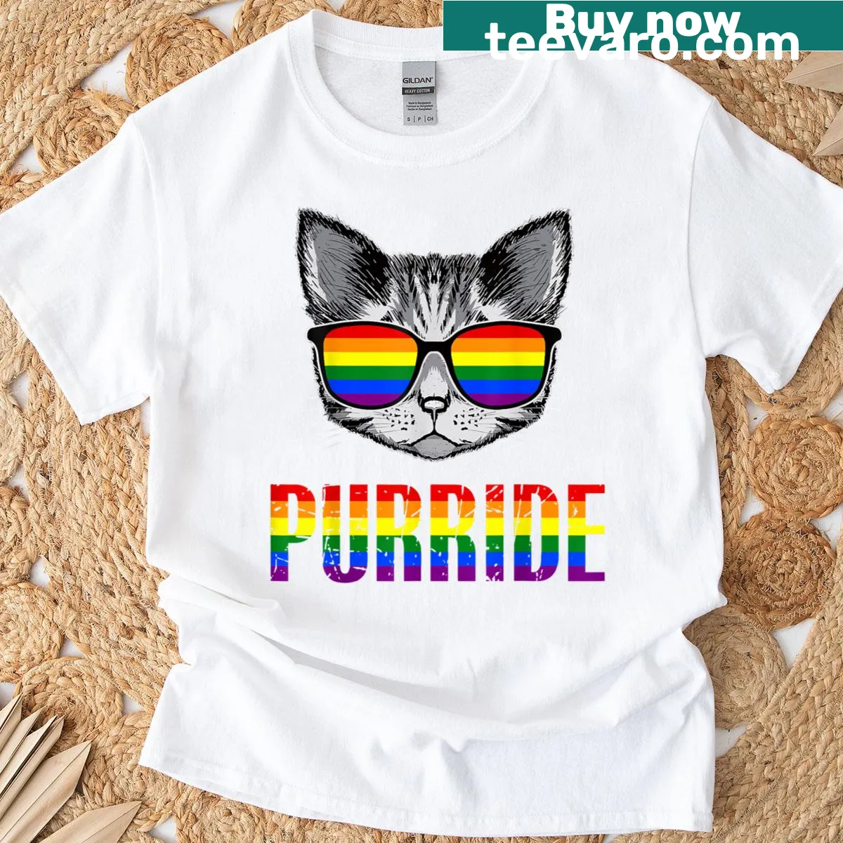 Whimsical cat design with rainbow elements on pride T-shirt — on a men's t-shirt