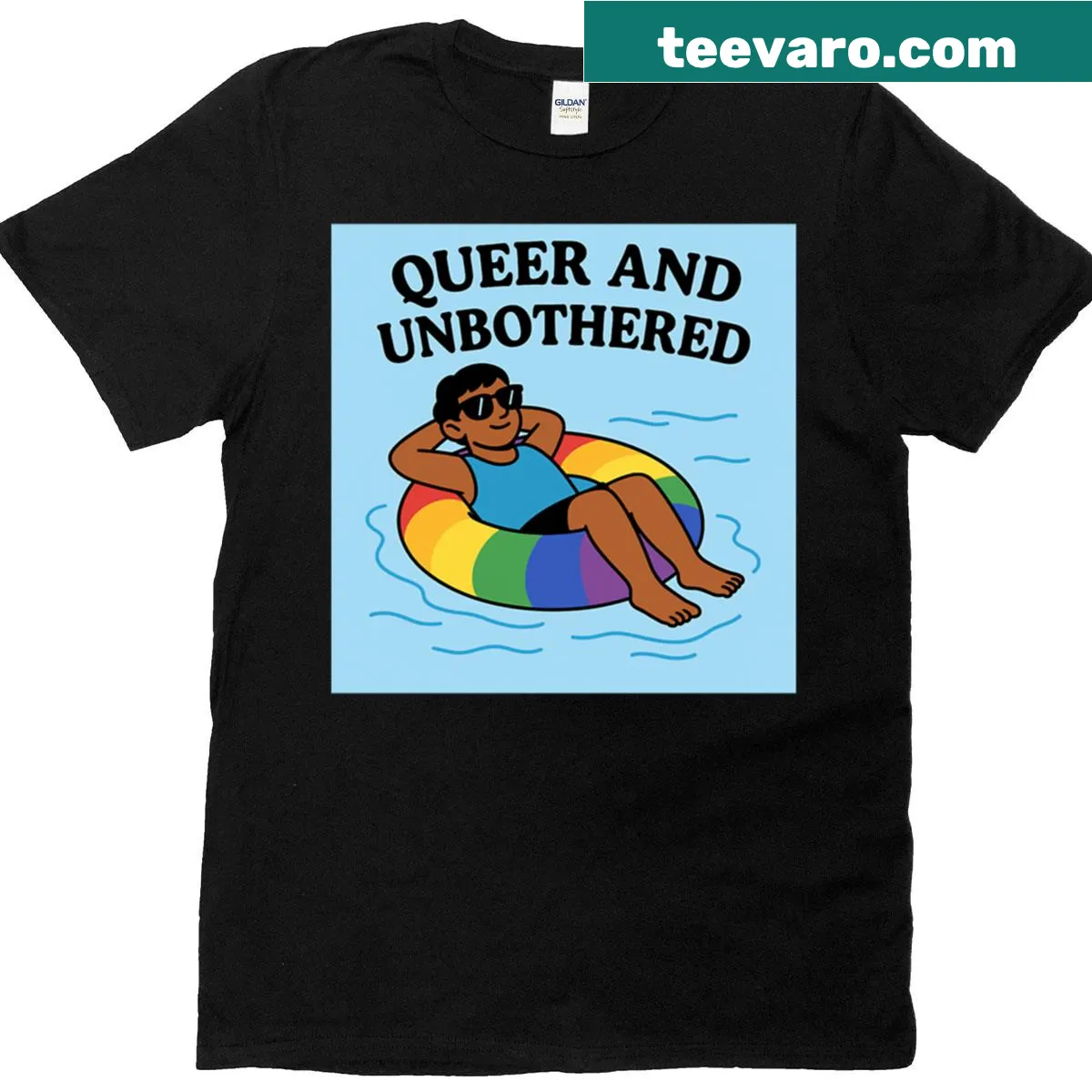 Bold text T-shirt stating 'Queer And Unbothered' — on a men's t-shirt