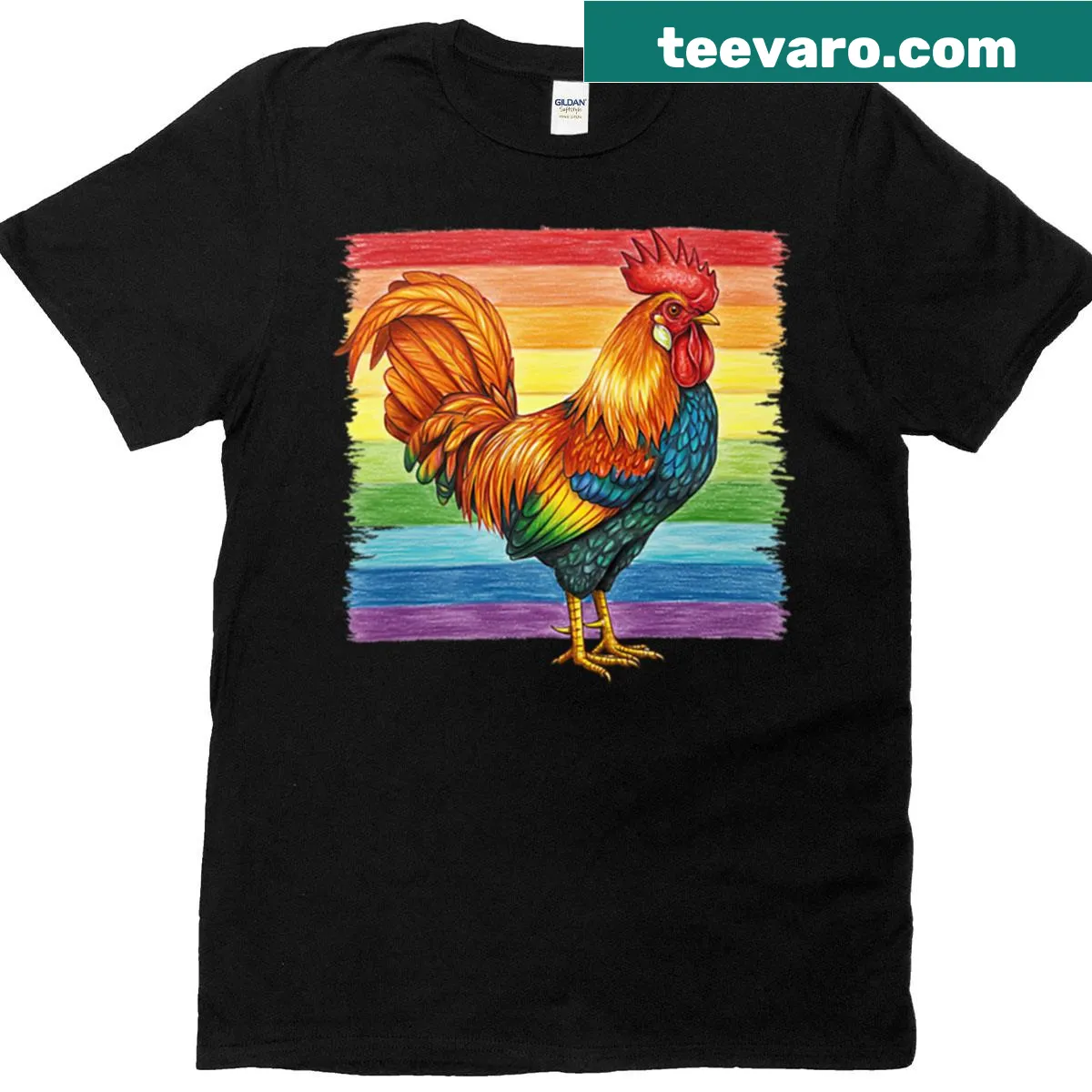 Rainbow Rooster Pride t-shirt with colorful rooster graphic — on a men's t-shirt
