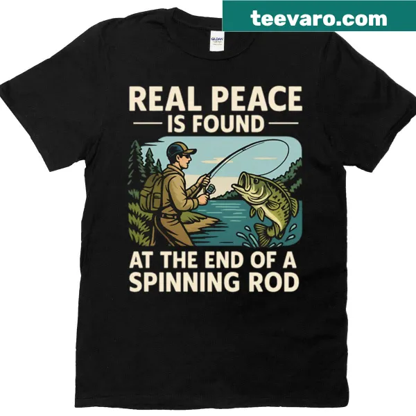 Bass fishing scene graphic on a T-shirt promoting peace