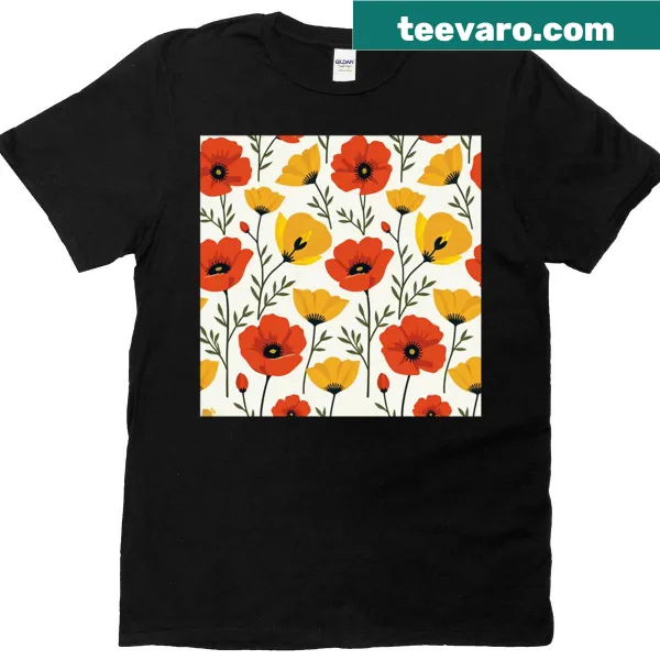 Repeating pattern of red and yellow poppies on a T-shirt