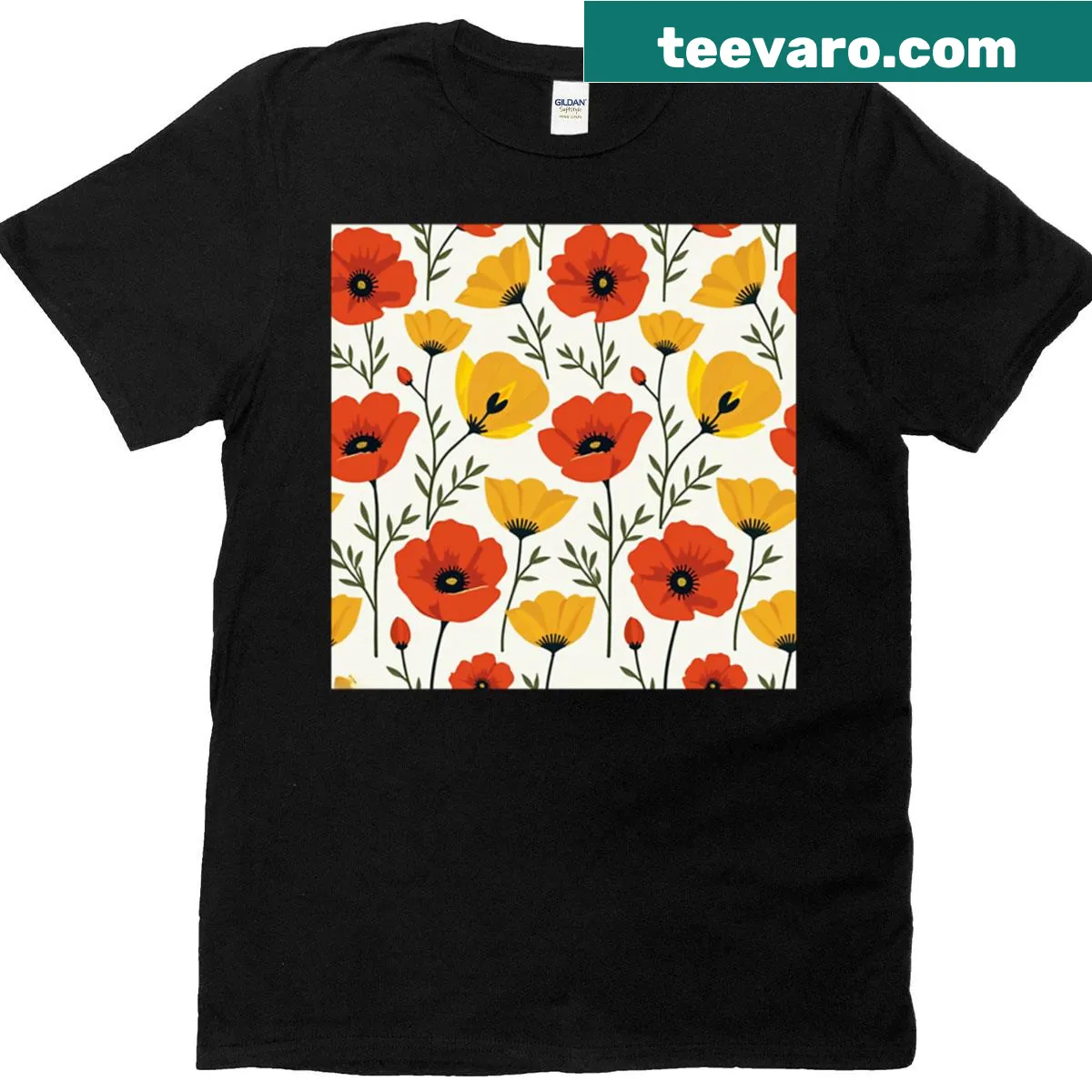 Repeating pattern of red and yellow poppies on a T-shirt — on a men's t-shirt