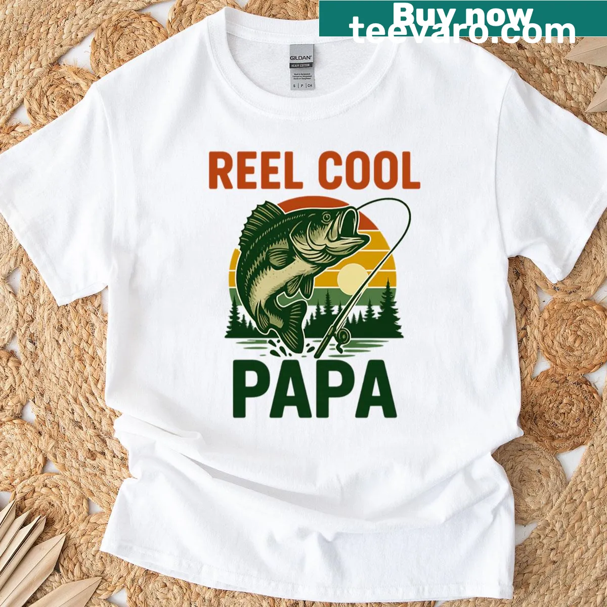 Retro fishing-themed t-shirt with sunset and 'Reel Cool Papa' text — on a men's t-shirt