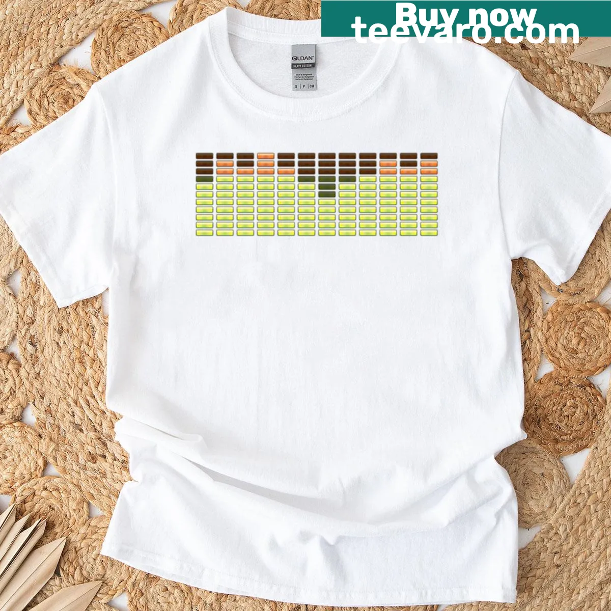 Retro T-shirt with graphic of audio equalizer bars — on a men's t-shirt