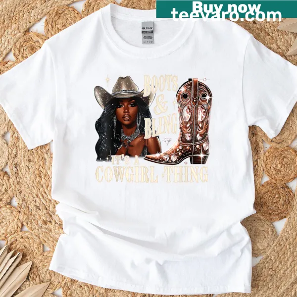 Playful retro cowgirl t-shirt with boots and 'Bling It's A Cowgirl Thing' text