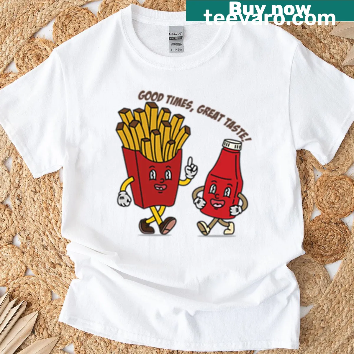 Cartoon French fries and ketchup duo t-shirt design — on a men's t-shirt
