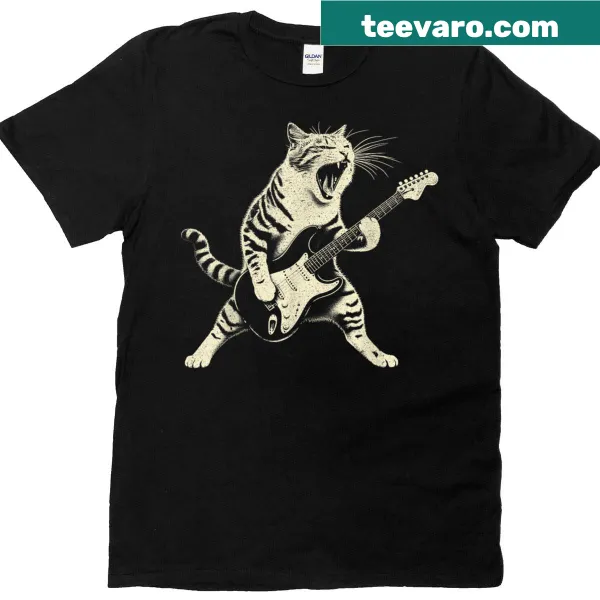 Vintage style t-shirt with a guitar and cat graphics.