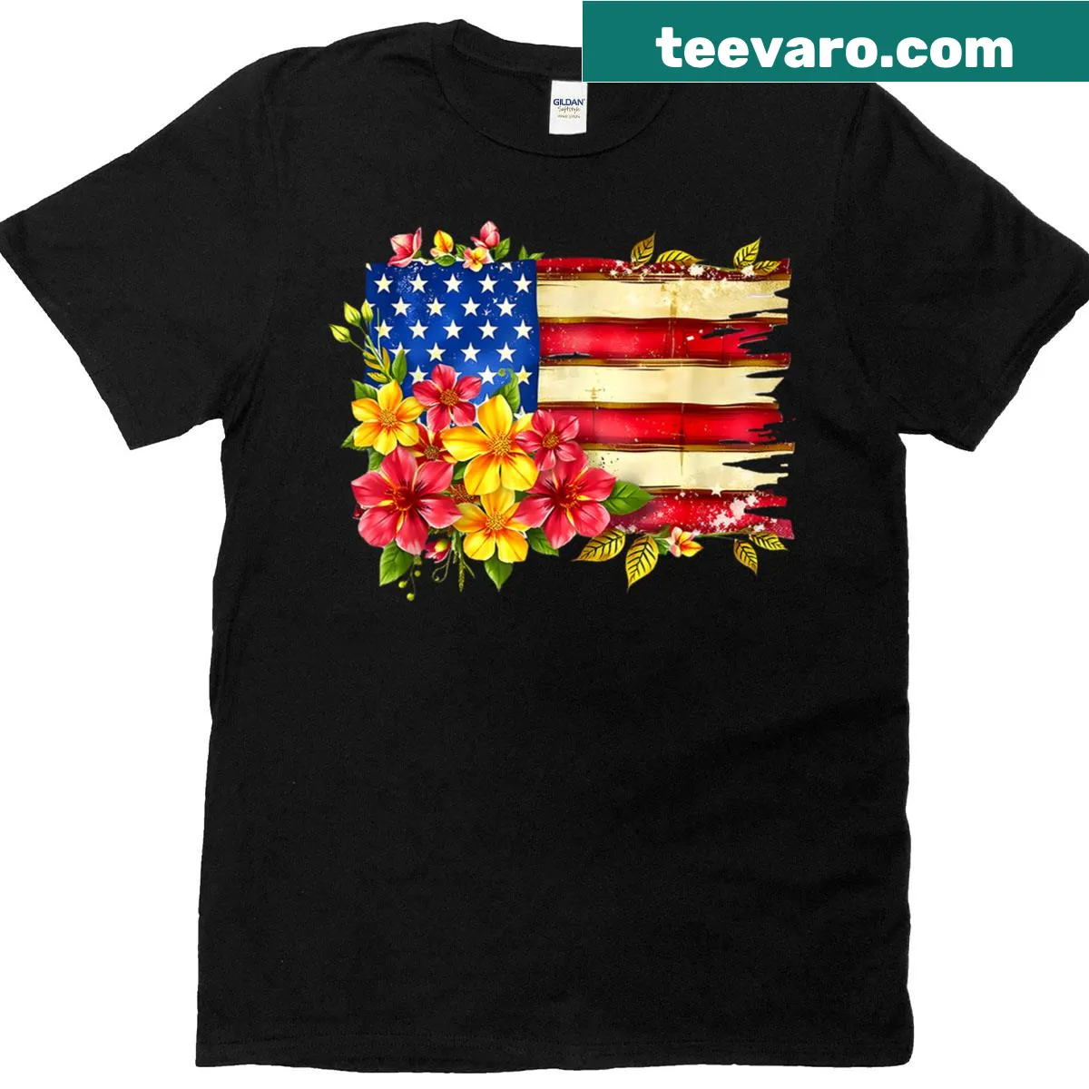 Patriotic shirt with daisy flowers and an American flag graphic. — on a men's t-shirt