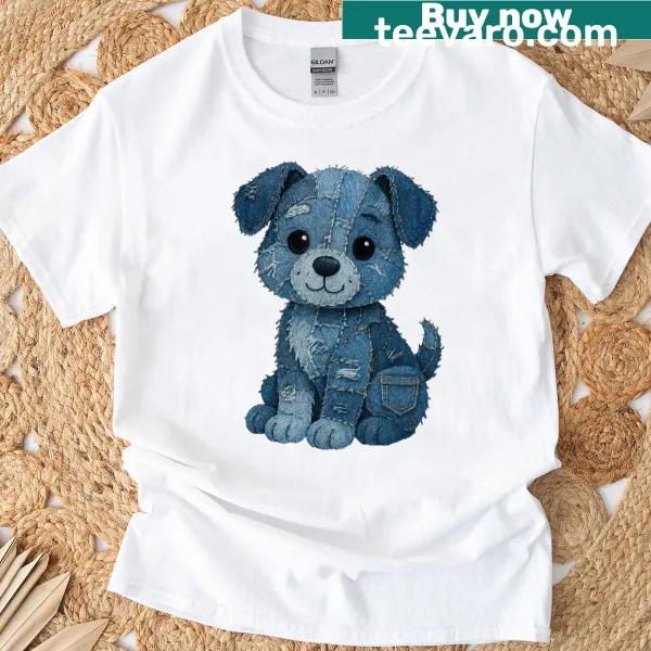Funny dog print t-shirt with retro denim patch design