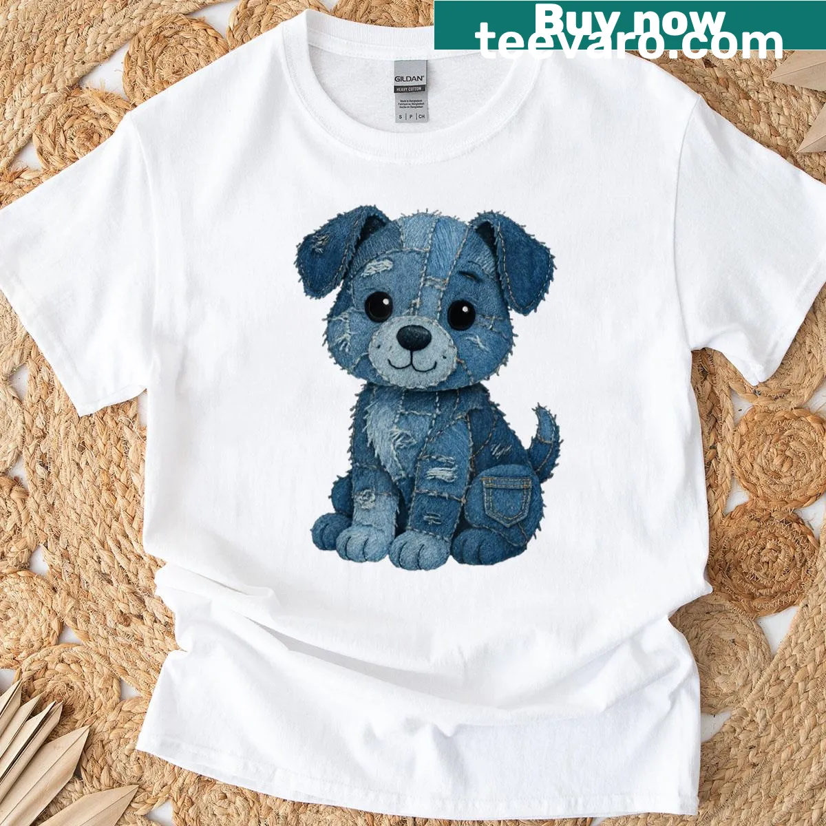 Funny dog print t-shirt with retro denim patch design — on a men's t-shirt