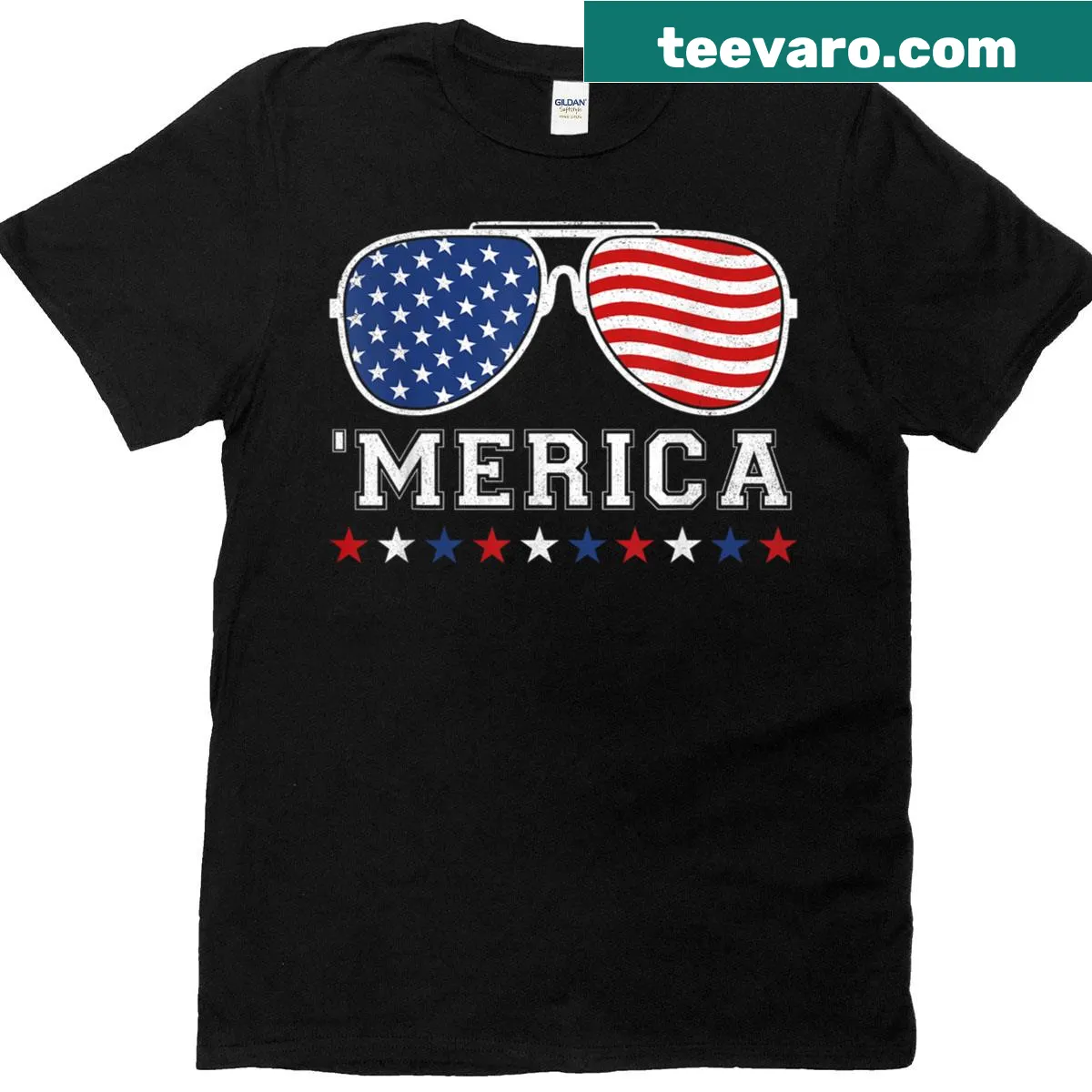 Funny 'Merica' sunglasses graphic on a patriotic tee. — on a men's t-shirt