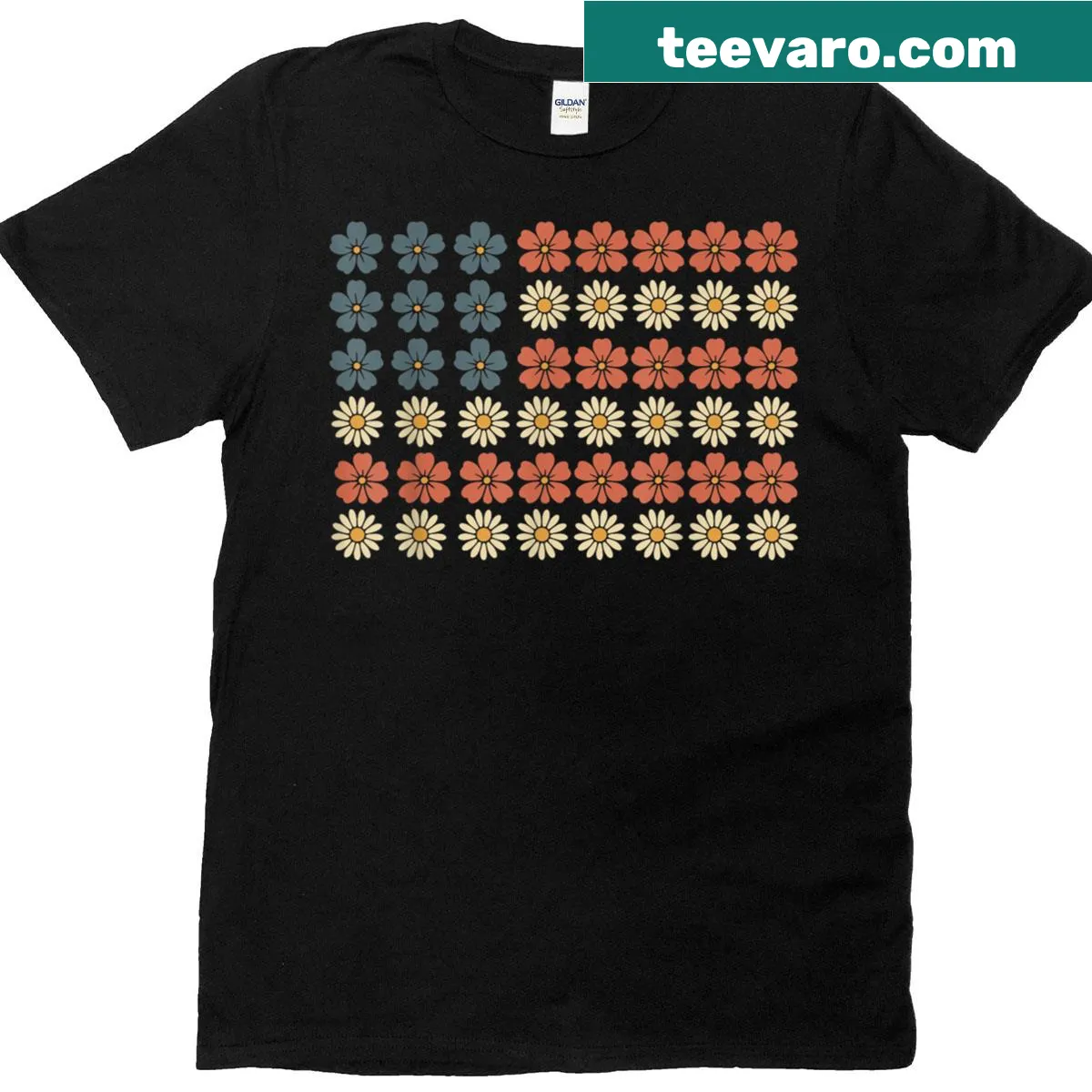 Patriotic t-shirt with daisies and an American flag graphic. — on a men's t-shirt