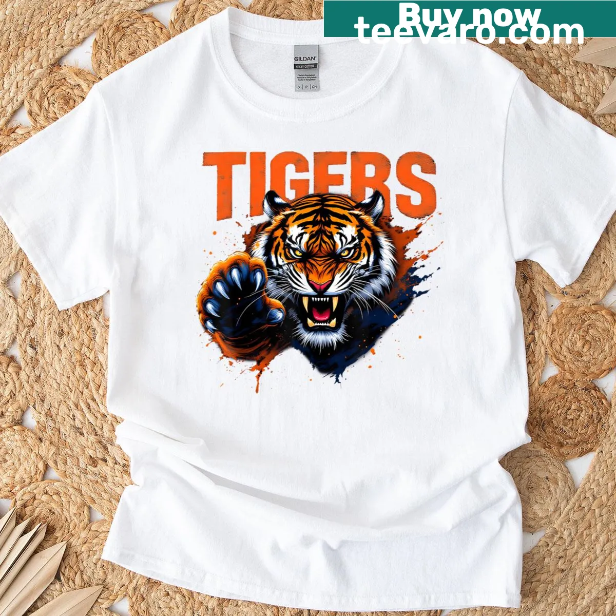 Stylized tiger graphic t-shirt design — on a men's t-shirt