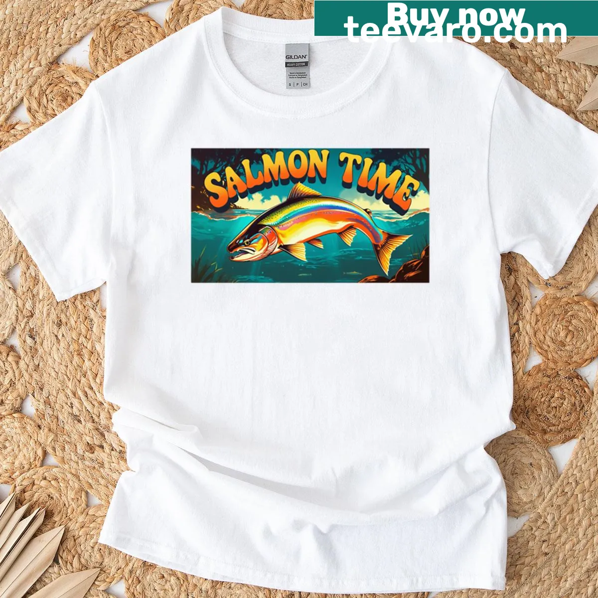 Illustration of a salmon on a humorous fishing-themed t-shirt — on a men's t-shirt