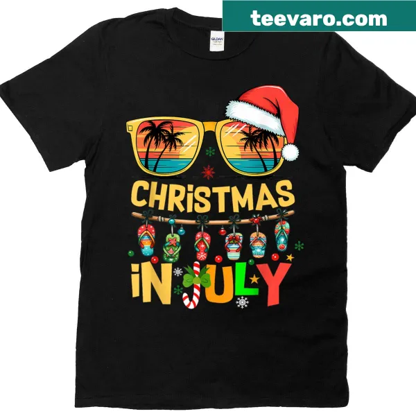 Retro Santa in sunglasses on a beach-themed T-shirt